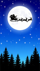 Naklejka premium Santa Claus Sleigh and Reindeer Flying Across the Full Moon on Christmas Night Background