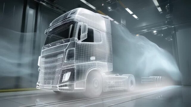Digital wireframe model of a futuristic semi truck undergoing an aerodynamic test in a wind tunnel, with smoke visualizing airflow over its body to improve efficiency and design
