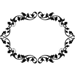 Ornate black flourish oval frame with leafy swirls elegant decorative border design silhouette flat design vector illustration white background