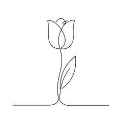 Elegant single-line art vector drawing of a tulip flower with a stem and leaf, symbolizing minimalist beauty, spring, nature, and continuous flow in a modern design.