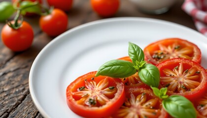 a plate with sliced red tomatoes arranged neatly. the tomatoes have a fresh appearance, and some herbs are visible on top, suggesting a culinary theme