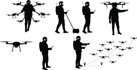 Obraz premium one swarm silhouettes, remote control operator, UAV technology, drone fleet coordination,