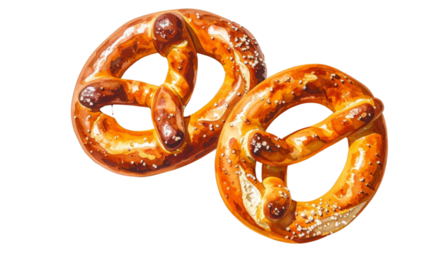 Fresh baked pretzels with salt isolated on transparent background