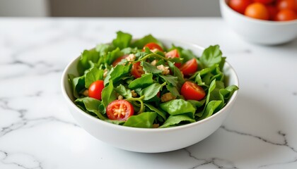 a bowl of fresh salad on a white marble surface.