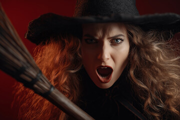 Halloween background with beautiful witch. 