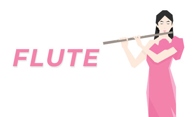 Isometric Woman plays the flute. Flute woodwind orchestral instrument. Flat Background.