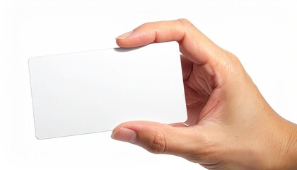 Obraz premium Hand Holding Blank White Card in Isolated White Background Studio Shot