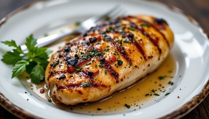 a culinary scene featuring a plate of chicken skewers, generously glazed in what appears to be barbecue sauce, garnished with parsley and accompanied by a sprig of cilant