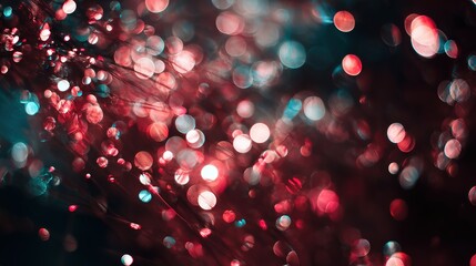Christmas bokeh lights, red and teal hues, festive background, close up, copy space