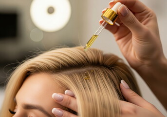 Hair Care Therapy: A skilled esthetician meticulously applies nourishing hair oil to the scalp of a client with exquisite care and precision, embodying beauty and wellness.