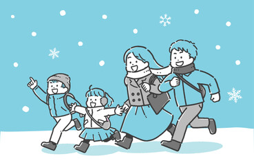 雪の中お出かけする子ども連れの家族の2色イラスト	
