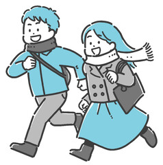 鞄を持ち、走ってお出かけする若い冬服の男女の2色イラスト