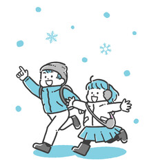 雪の中お出かけする冬服の子どもたちの2色イラスト	
