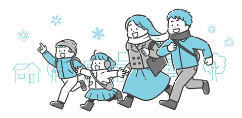 雪の中、町へお出かけする家族のイラスト