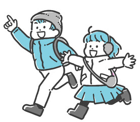 鞄を持ち、走ってお出かけする冬服の子どもたちの2色イラスト