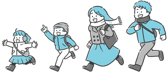 鞄を持ち、走ってお出かけする子ども連れの冬服の家族の2色イラストセット
