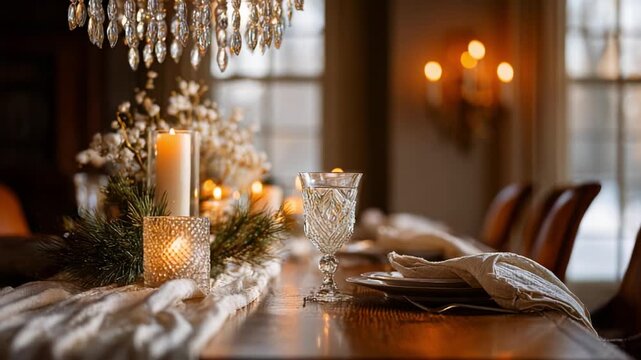 Elegant Dining Table Setting with Crystal Glassware, Candles, and Beautiful Floral Arrangements, Perfectly Decorated for a Cozy Gathering or Special Occasion.