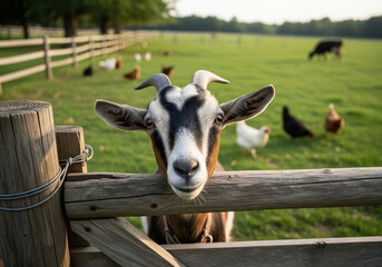 Goat Peeking Over a Fence: A curious goat peers over a rustic wooden fence, with a farmyard scene.  A captivating photo revealing a moment of candidness, the epitome of rural tranquility.