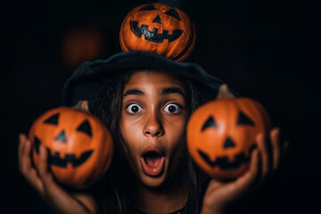 Halloween background with girl witch.	