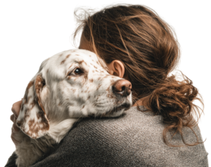 Side view of woman hugging dog, emotional bond, isolated PNG