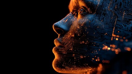 Profile of a woman's face, overlayed with digital circuit boards. Glowing orange light