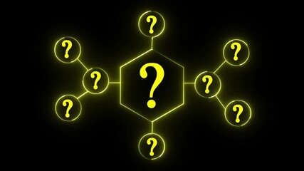 Abstract network of glowing yellow question marks and nodes on black background - Powered by Adobe