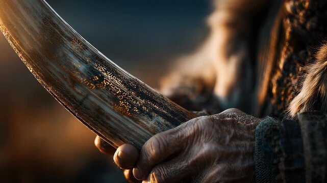 Close-up of Viking Holding Carved Horn with Runes, Ancient Artifact, Norse Mythology, Historical Reconstruction, Fantasy Concept