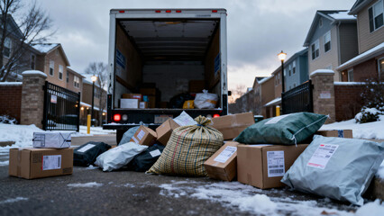 Delivered packages piled on snowy ground near an open delivery truck in a residential area