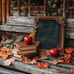 Autumn Scene with Chalkboard, Red Apples, and Books Surrounded by Colorful Leaves in Cozy Setting