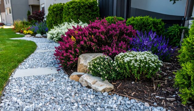 Colorful Garden Bed with a Gravel Walkway