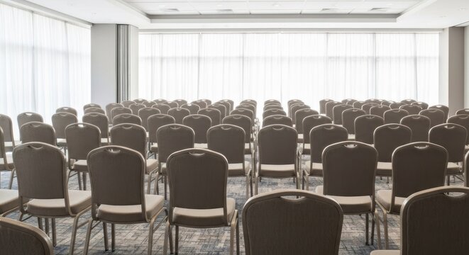 Empty conference room with rows of chairs facing a large window - Powered by Adobe