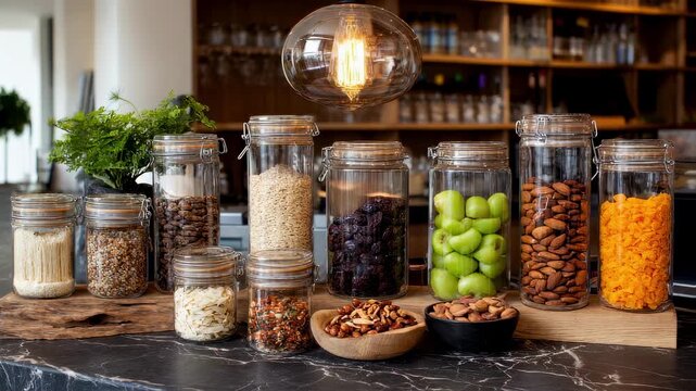 Medium shot of a colorful refill station with a mix of vibrant grains and nuts in reusable containers emphasizing sustainable living and zero waste practices.