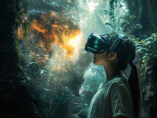 Curious Child with Wide Eyes Gazes Intently into Virtual Reality Adventure in Enchanting Forest Setting