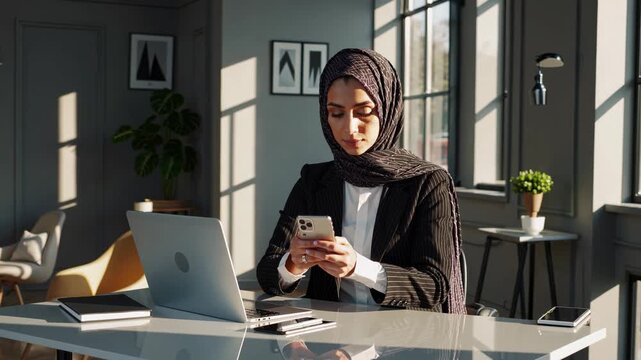 Focused Professional Woman in Office Attire Engaging with Smartphone at Bright Workspace with Modern Aesthetic and Natural Light