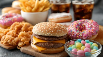 Assortment of unhealthy foods featuring burgers, fried chicken, donuts, and sugary drinks on a wooden table