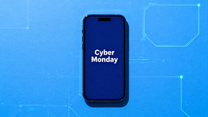 Smartphone displaying 'Cyber Monday' text on a blue background with digital network patterns