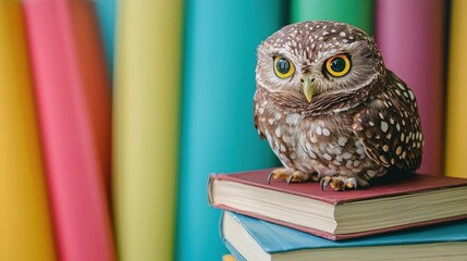 Majestic Stylized Owl Perched on Stack of Open Textbooks with Colorful Background of Vibrant Papers