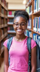 Cheerful Teenage Girl with Glasses and Genuine Smile Standing in a Library Surrounded by Books