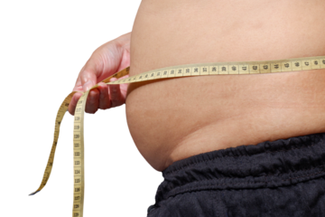 Overweight Women stressing over fat belly, using measuring tape. Fat woman with tape measure.