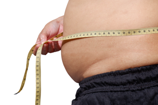 Overweight Women stressing over fat belly, using measuring tape. Fat woman with tape measure.