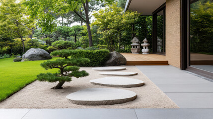 Obraz premium Peaceful zen garden with raked sand, bonsai tree, and stone pathway creates serene atmosphere