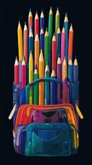 Colorful Vector Illustration of Vibrant School Bag Overflowing with Colorful Pencils for Educational Use