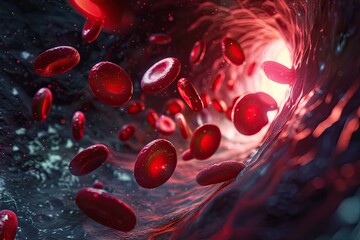 Photorealistic microscopic view of red blood cells with a single white cell