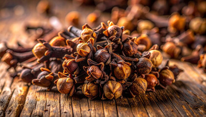 Obraz premium Aromatic Spice: Close-Up of Dried Cloves on Rustic Wood