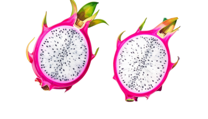 Vibrant dragon fruit duo, whole and halved, isolated on transparent background
