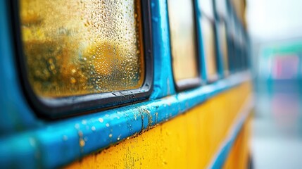 Vibrant Yellow School Bus Windows Glimmering with Raindrops in Urban Setting