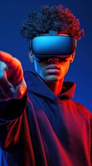 Youthful Scholar of Mixed Ethnicity Reaches Out Towards Virtual Reality with Enthusiasm and Curiosity in Striking Colors