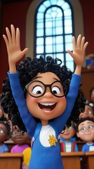 Animated Character Representing Diverse Students in a Classroom Setting with Excitement and Engagement
