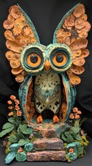 Creatively Crafted Owl Sculpture with Paper Wings and Floral Accents Showcasing an Imaginative World of Artistry