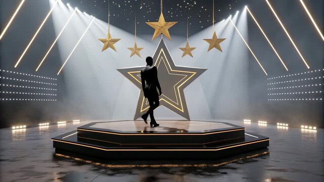 Luxurious award ceremony stage featuring an octagonal black podium, shimmering gold stars, and powerful theatrical lighting